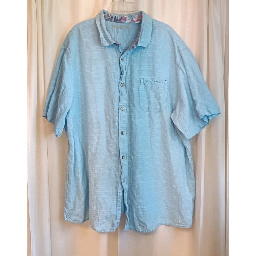 Caribbean Men's 3XB Blue Linen Blend Casual Button Up‎ Short Sleeve Shirt